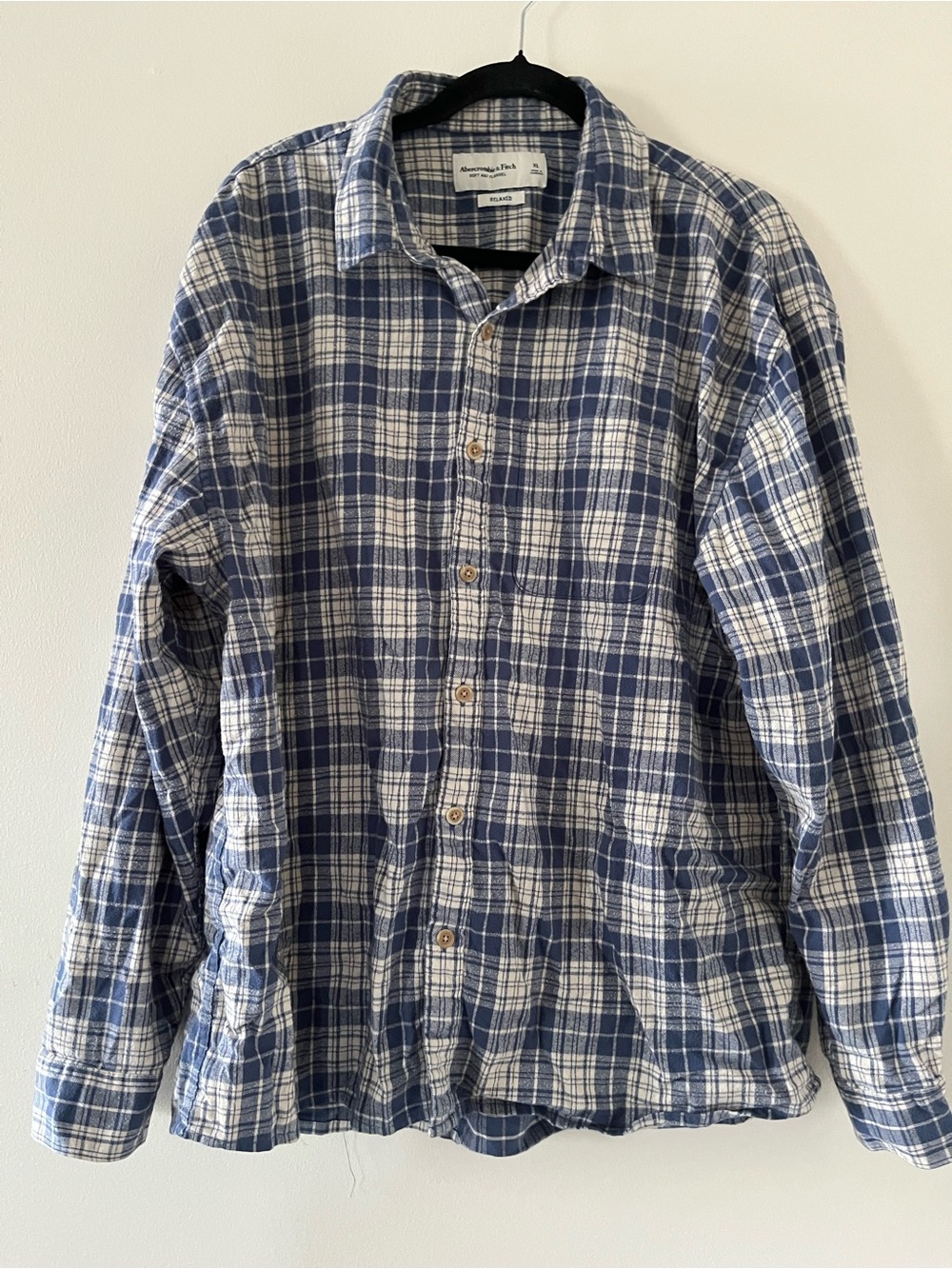 Abercrombie Mens Blue White Plaid Flannel Button Up Shirt XL 100% Cotton Preppy